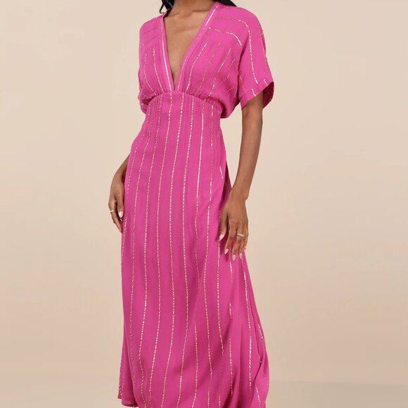 Lulus Goddess Vibes Magenta Gold Striped Dolman Sleeve Maxi Dress (S), NWT - Picture 3 of 5